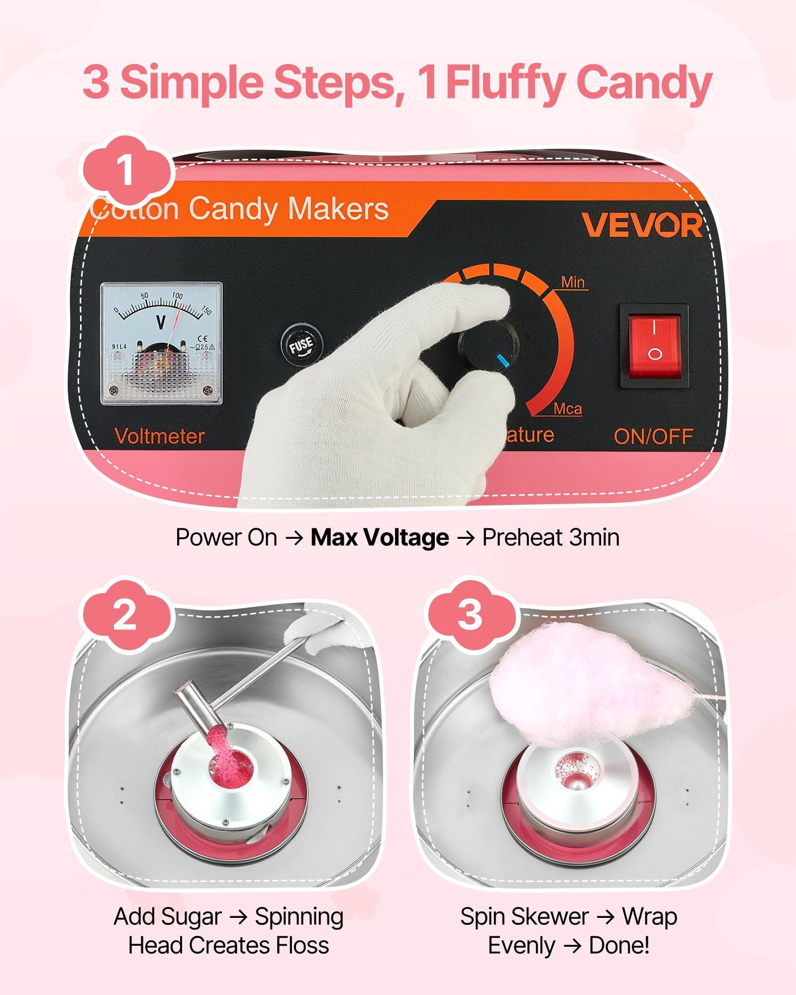 Commercial Cotton Candy Machine Electric Sugar Floss Maker 1000W Stainless Steel Plate Pink Body with Overheat Protection, 3.7oz Sugar Capacity, Easy Operation, Quick Cleanup