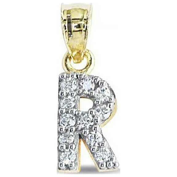 Precious Stars 14K Yellow Gold Cubic Zirconia Unisex Initial Letter 'R' Pendant - No Chain, Pendant Only