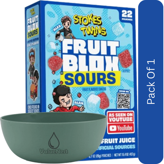 FruitBlox Stokes Twins Sour Fruit Snacks Blue Raspberry and Cherry 22 Count with Green Olive Bowl by ValueNest
