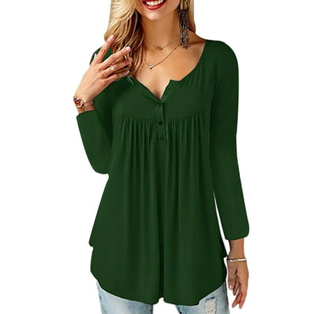 - JustVH Women's Solid Henley V-Neck Casual Blouse Pleated Button Tunic Shirt Top