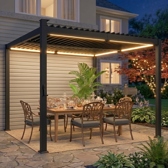 Outsunny 10 x 10 ft Louvered Pergola with Solar lights, Metal Roof, Black