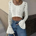 thumbnail image 2 of XPMWRP Women's Solid Color Crochet Cardigan Sweater Long Sleeve Button Hollow Out Lightweight V Neck Cropped Knit Cardigan White S, 2 of 6