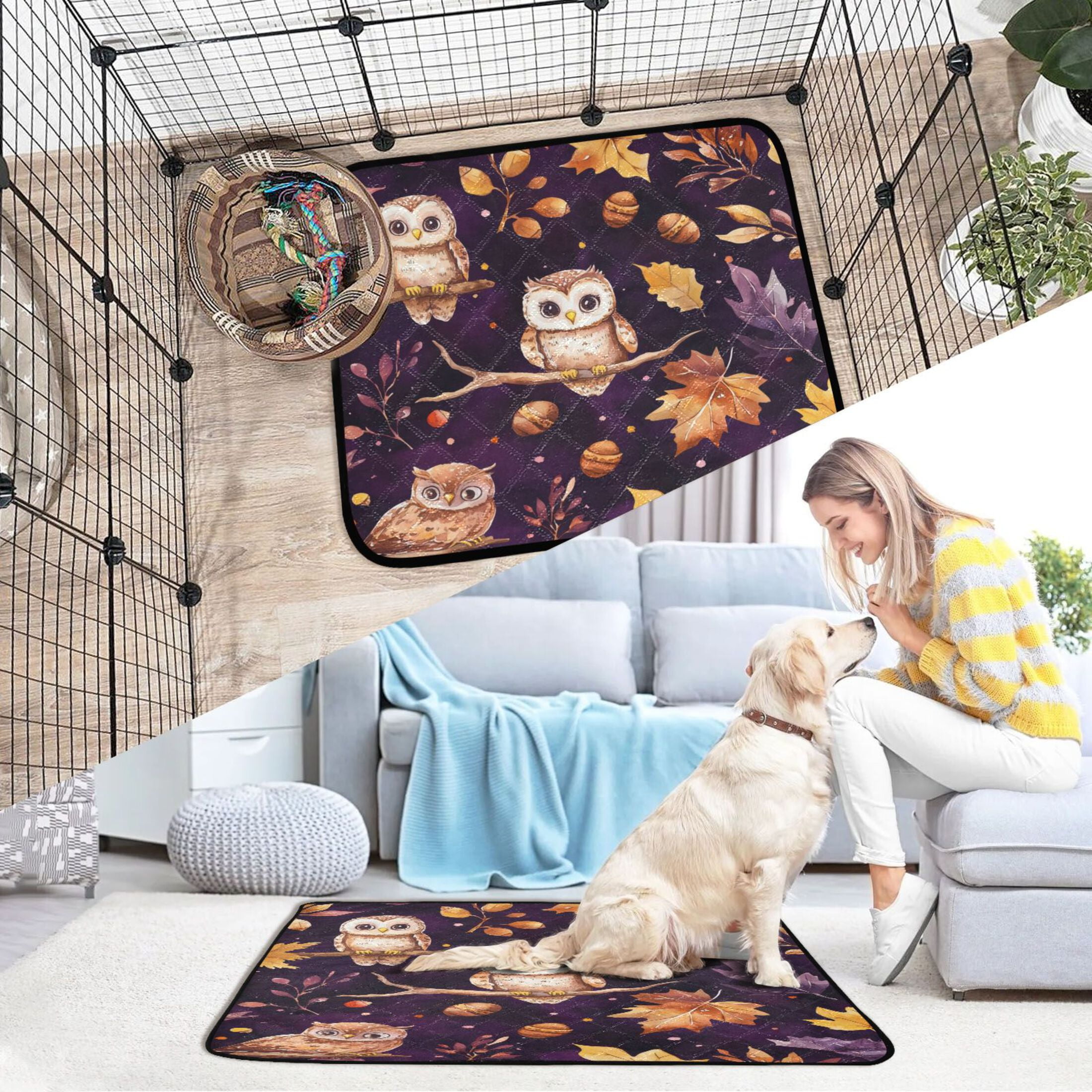 Qxltty Adorable Baby Owls and Acorns Pattern Cat litter Pads Pet Set of 3 Diaper Mats Center Anti-leakage Layer Absorbent Soft and Comfortable