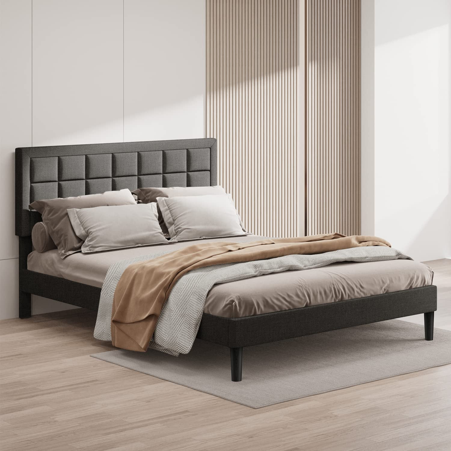 BONSOIR QUEEN Size Bed Frame Upholstered Modern Low Profile Platform with Tufted Headboard No Box Spring Needed Linen Fabric Charcoal Gray