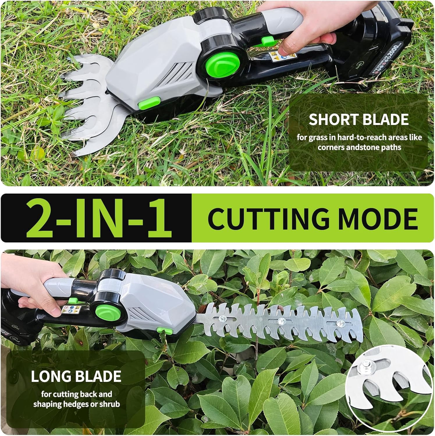 Cordless Hedge Trimmer, 2-in-1 Grass Shears Handheld with Battery and Charger, Electric Shrub Trimmer Kit for Garden, Yard and Lawn, Green