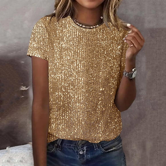 Ounisa Womens Full Sequin Tops Sparkle Glitter Blouses Lantern Short Sleeve Shirts Dressy Party Concert Outfits
