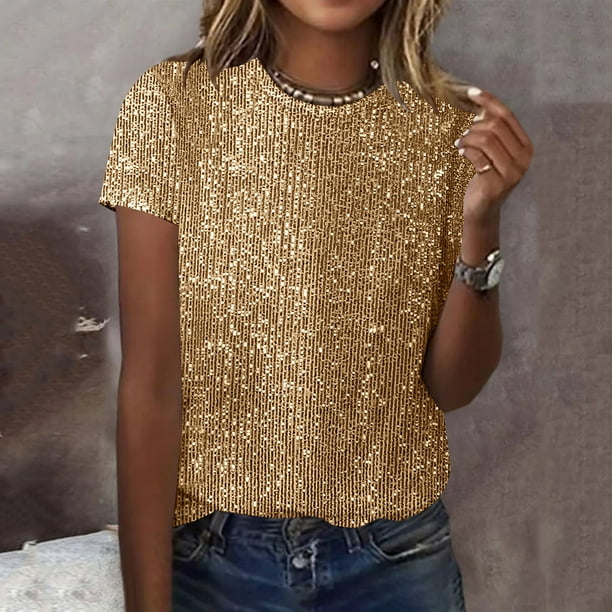 Ounisa Womens Full Sequin Tops Sparkle Glitter Blouses Lantern Short Sleeve Shirts Dressy Party Concert Outfits