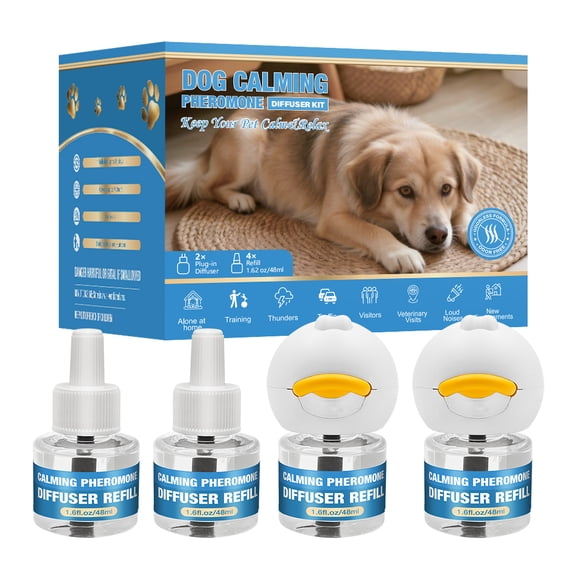 Dog Calming Diffuser for Dogs, 2 Diffusers   4 Refills, Helps Relieve Anxiety, Stress, Barking, Hyperactivity & Nervous Behavior, Long-Lasting Calming Support for Home Use