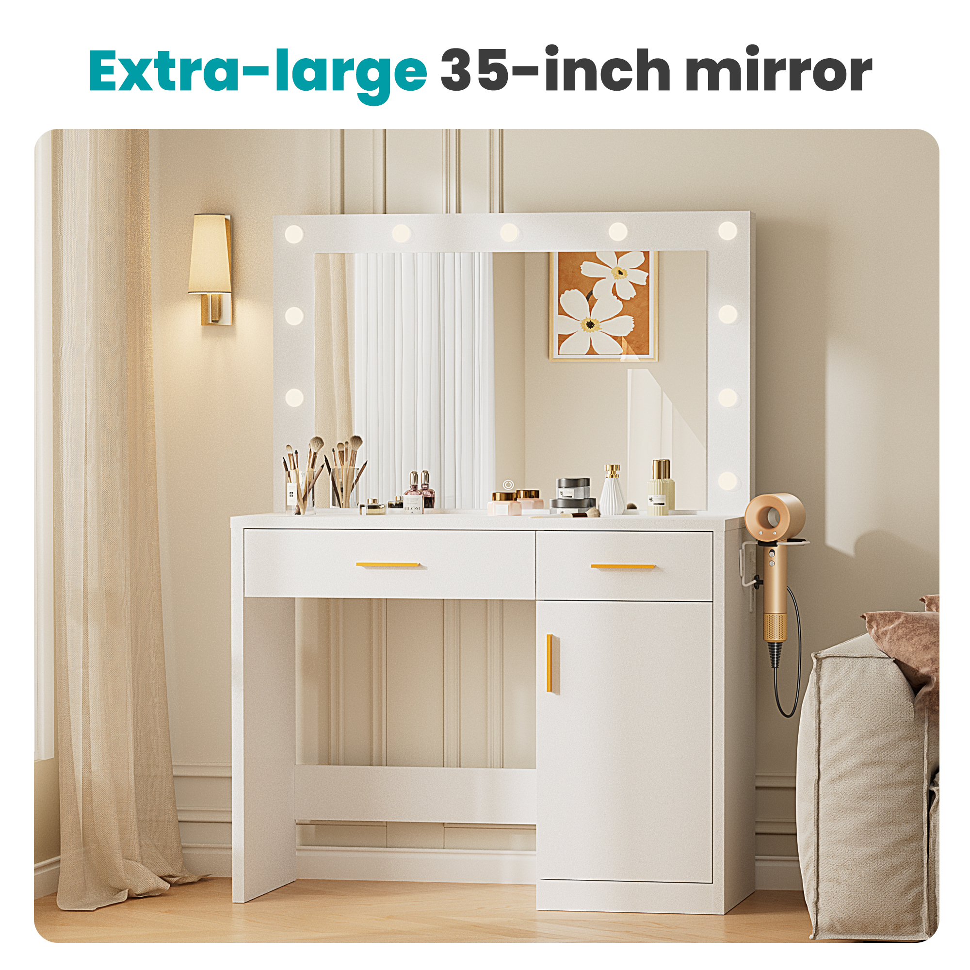 EDX Vanity Desk with Mirror and Lights, Makeup Vanity Table with Hair Dryer & Power Outlet, 2-Drawer Dressing Table for Bedroom,White