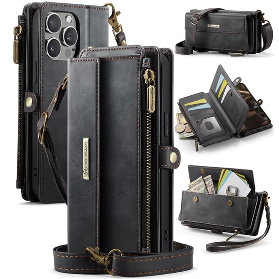 Corliven for iPhone 12 Pro Max Case, PU Leather Flip Wallet Cover with Card and Cash Slots, Shock Protection and Wrist Strap, Black