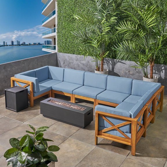 GDF Studio Keith Outdoor Acacia Wood 8 Seater Sectional Sofa Set with Fire Pit, Blue