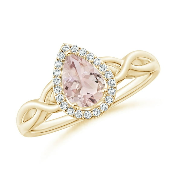 ANGARA Natural Pear-Shaped Morganite Halo Criss Cross Ring in 14K Yellow Gold for Women | Birthday, Anniversary, Jewelry Gift for Women | Natural Morganite Ring
