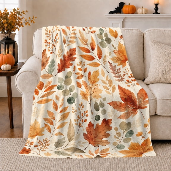 Autumn Leaves Berry Botanical Pattern, Cozy Botanical Scene, Warm Flannel Blanket for Sunroom and Reading Nook, Garden Lovers Thanksgiving Gift, Botanical Home Decor