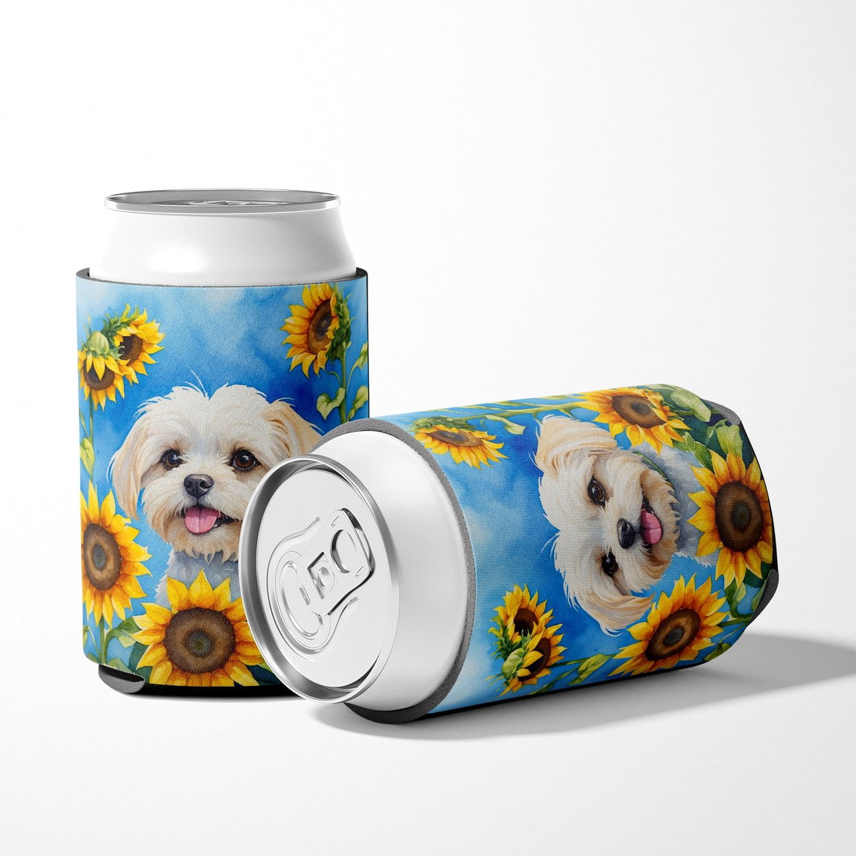Maltese in Sunflowers Can or Bottle Hugger 3 in x 5 in
