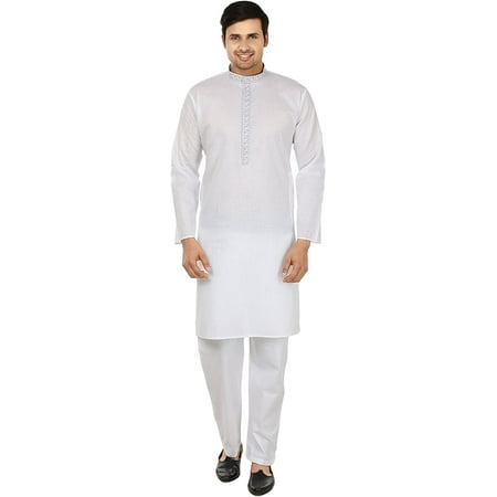 

Royal Kurta Men s White Cotton Stripped Embroidered Kurta Pyjama (X-Large)