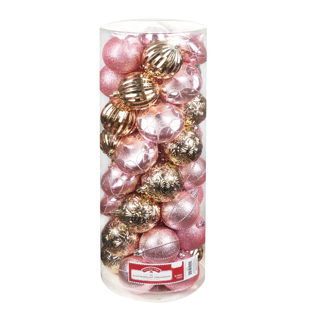 Holiday Time Shatterproof Ornaments, Pink and Gold, 50 Count