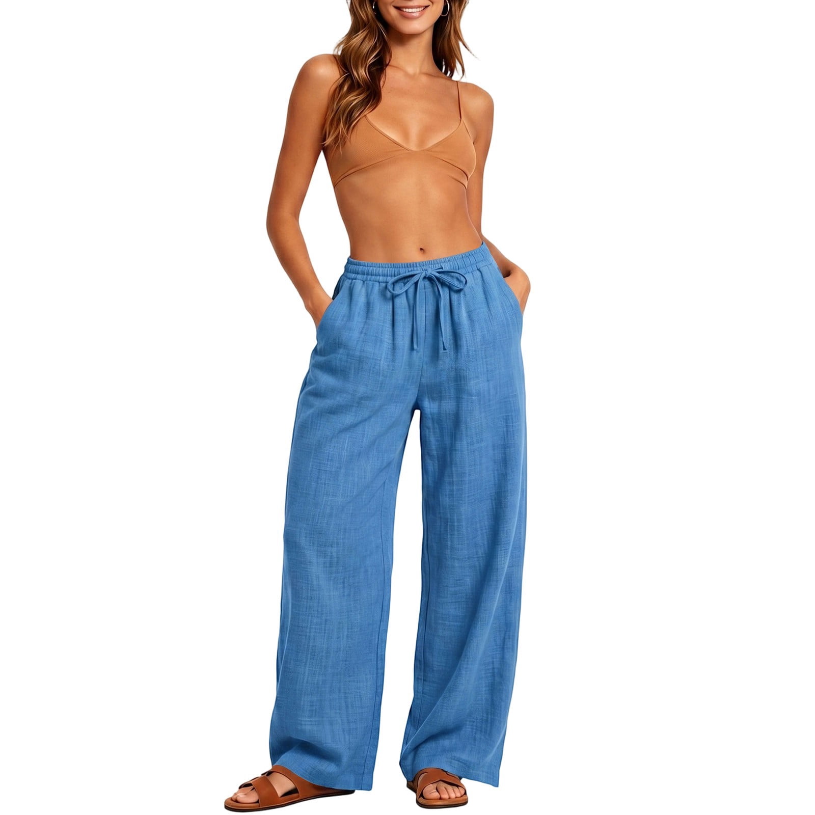 Womens Summer Pants Full Length Pants Fashion Ladies Summer Casual Loose Cotton and Linen High Waisted Trousers Solid Color Drawstring Elastic Waist Loose Long Pants with Pocket