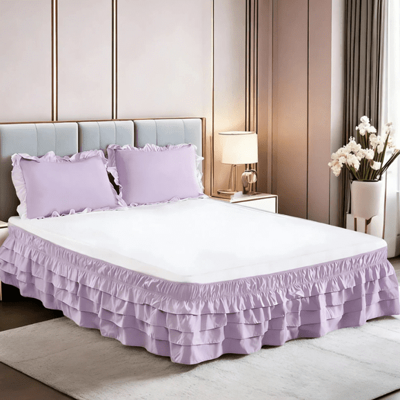 suxuMhao 4 Layer Bed Skirt, Ruffled Bed Skirt Elastic Bed Skirt Wrap Around Bed Skirt, Queen Size 59*78+18 Inches, Light Purple Bed Skirt Queen, Multi Layer Bed Dust Ruffle, Dust Ruffle, 1 Piece