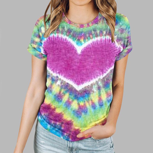Fiudx Ofertas Flash Del Día Top/Camisa de Manga Corta con Cuello Redondo y Estampado de Amor para Mujer