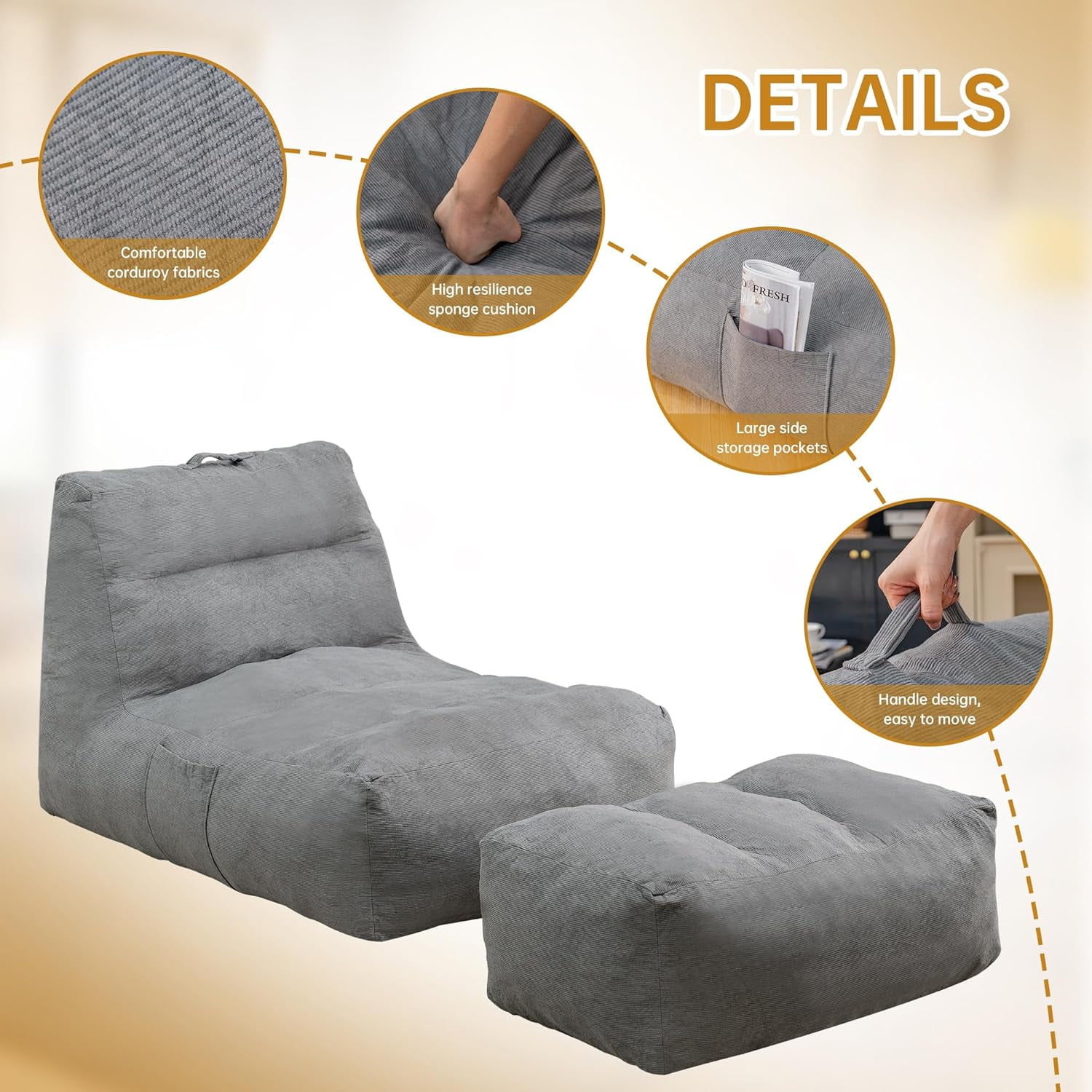 LinkRomat Giant Bean Bag Chair with Ottoman for Adults, Oversized Corduroy Memory Foam Beanbag Chair with Filler Included, Comfy Lounge & Gaming Chair for Living Room and Bedroom