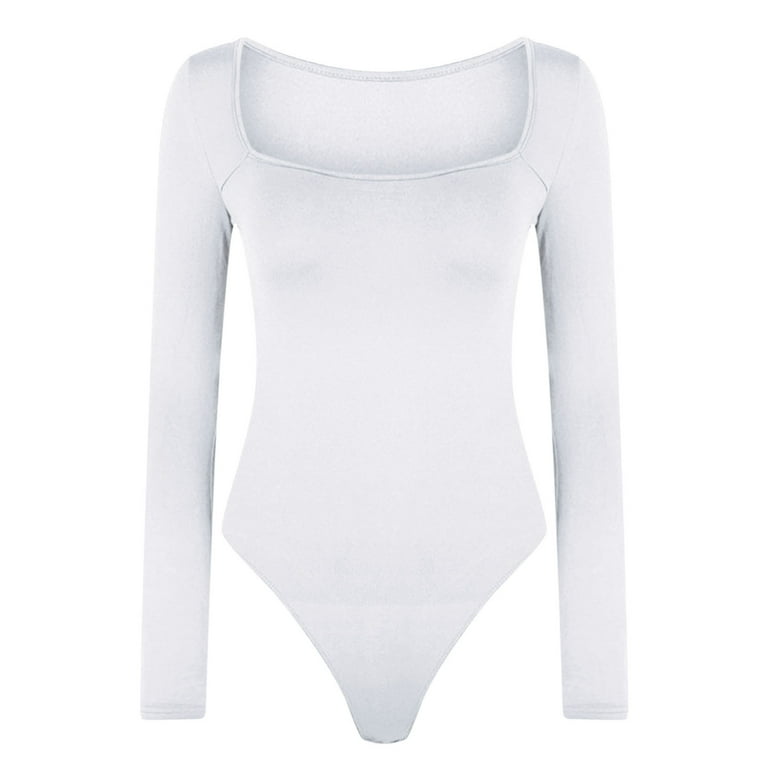 Women's Scoop Neck Long Sleeve Bodysuit, Stretchy Basic Tummy Control Thong  Bodysuit Jumpsuits Tops (Color : White, Size : Small)