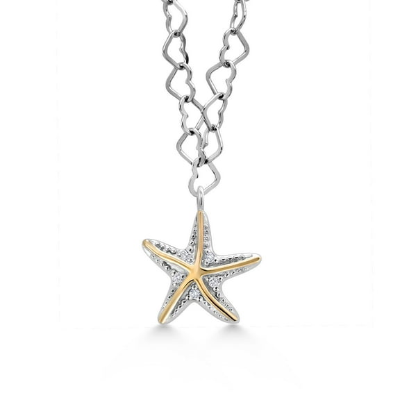 Gem Stone King 925 Sterling Silver and 10K Yellow Gold White Lab Grown Diamond Ocean Sea Life Charm Pendant Necklace for Women with Heart Chain Made in Italy Fully Adjustable up to 20 inch