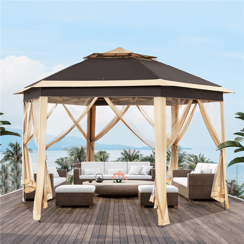 Alden Design Hexagonal Pop up Gazebo with Metal Frame and Mesh Netting, Khaki/Brown