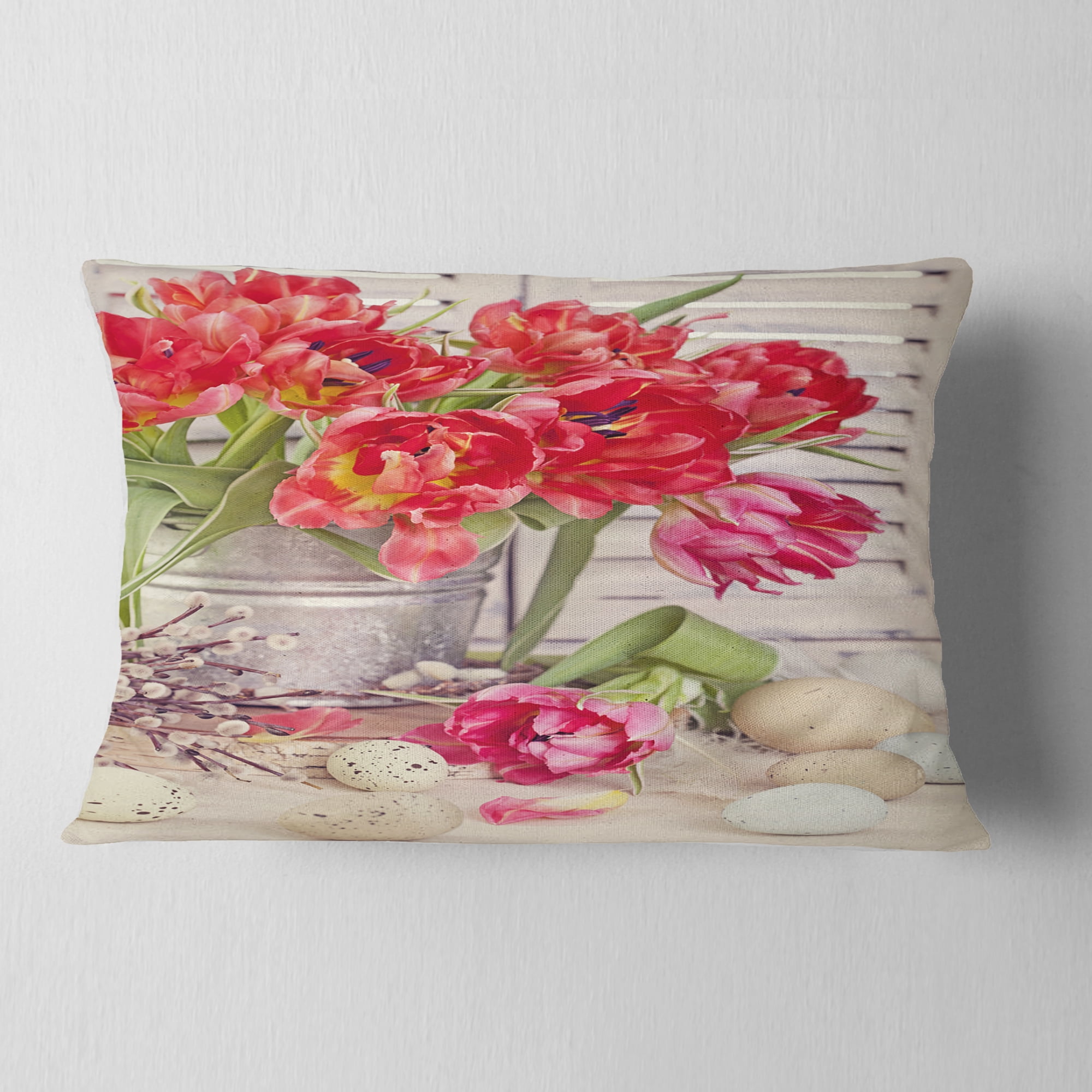 Designart Tulip Flowers and Easter Eggs - Floral Throw Pillow - 12x20