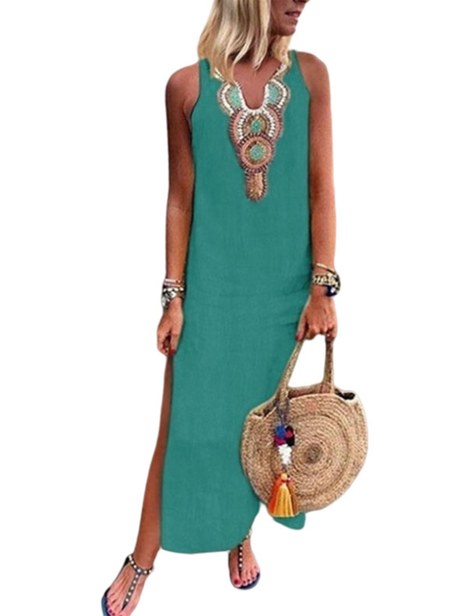 Moroccan Kaftan Caftan Beach Cover Up Summer Dress Casual Linen Sm-Lg Teal 