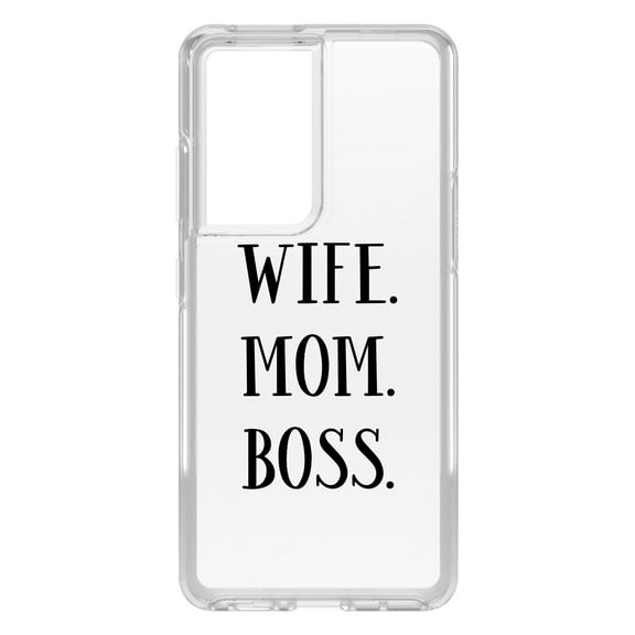 DistinctInk Clear Shockproof Hybrid Case for Galaxy S21 ULTRA 5G (6.8" Screen) - TPU Bumper Acrylic Back Tempered Glass Screen Protector - Wife. Mom. Boss. (Serif)