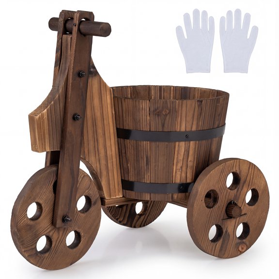 Gymax Rustic Wood Tricycle Planter w/Barrel Pot & Drainage for Patio Balcony Garden
