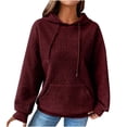 thumbnail image 2 of Womens Hoodies Casual Long Sleeve Drawstring Waffle Pullover Tops Loose Hooded Sweatshirt with Pocket Wine 4XL, 2 of 5