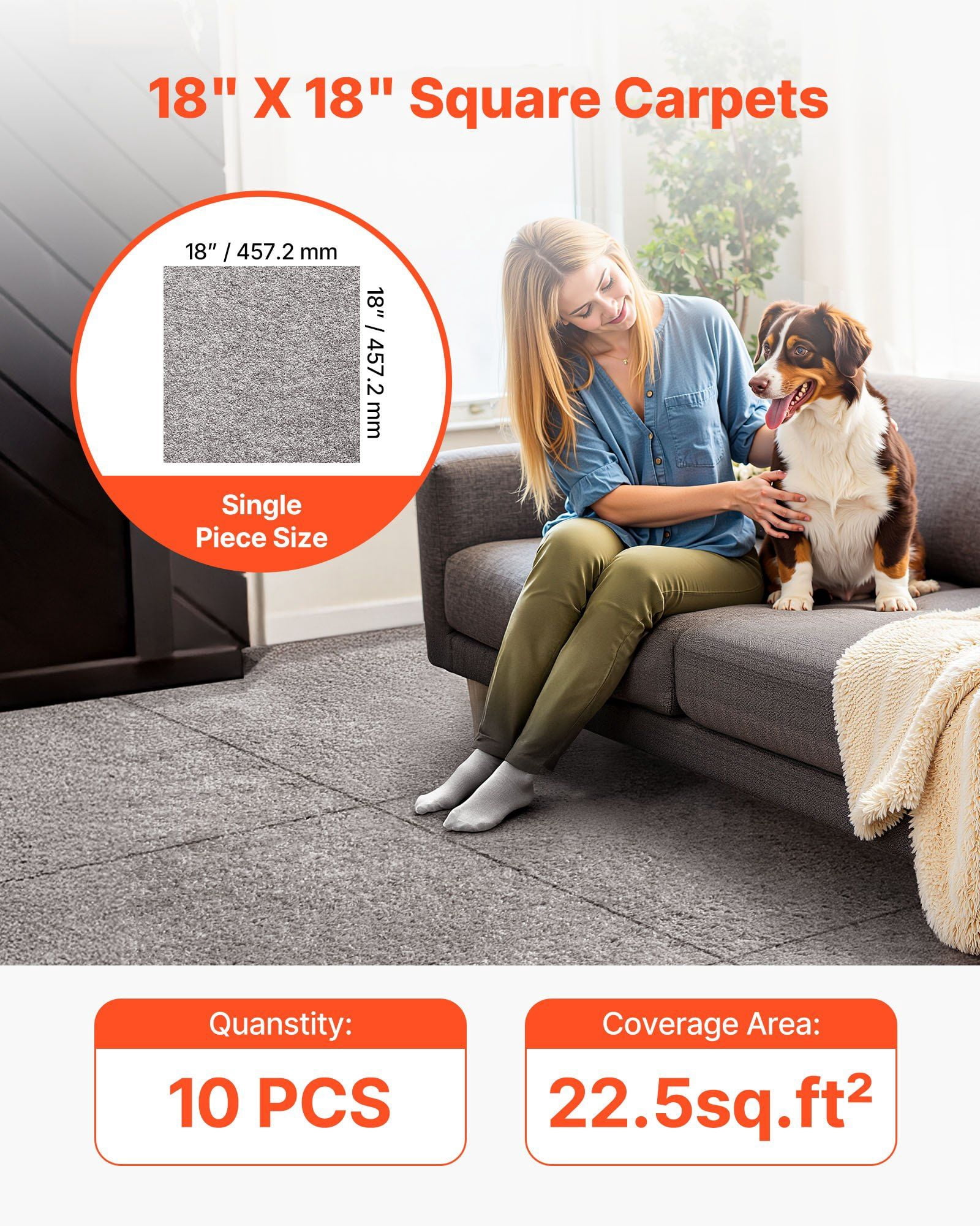 Peel and Stick Carpet Tiles 10-Pack 18"x18", 22.5 Sq.Ft Coverage, Memory Foam Padding, for Home Office Rental Spaces