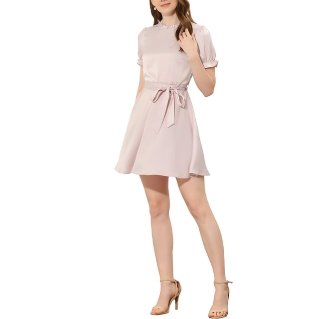 INSPIRE CHIC Vestido de manga corta de satén con cuello de volantes y lazo en la cintura color rosa S
