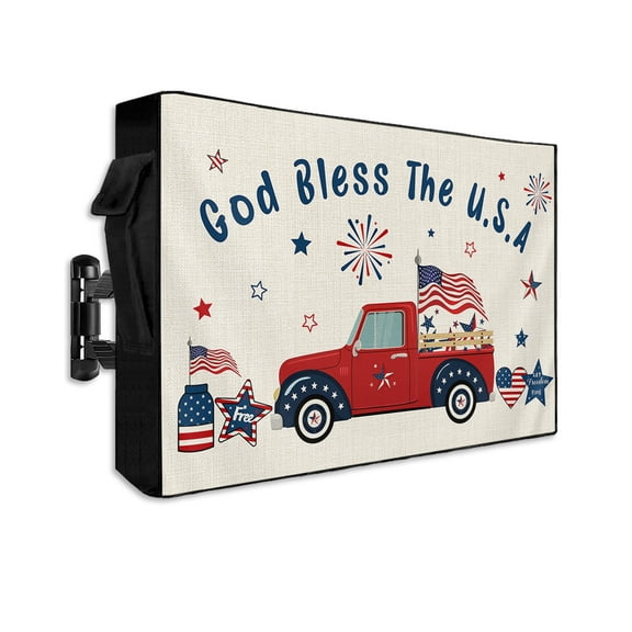 4th of July Outdoor TV Cover 52 to 55 Inch Weatherproof, Independence Day Truck American Star Fireworks 600D Oxford TV Covers with Waterproof Zipper, Outside Flat TV Screen Protector 52"Wx19"Hx4.5"D