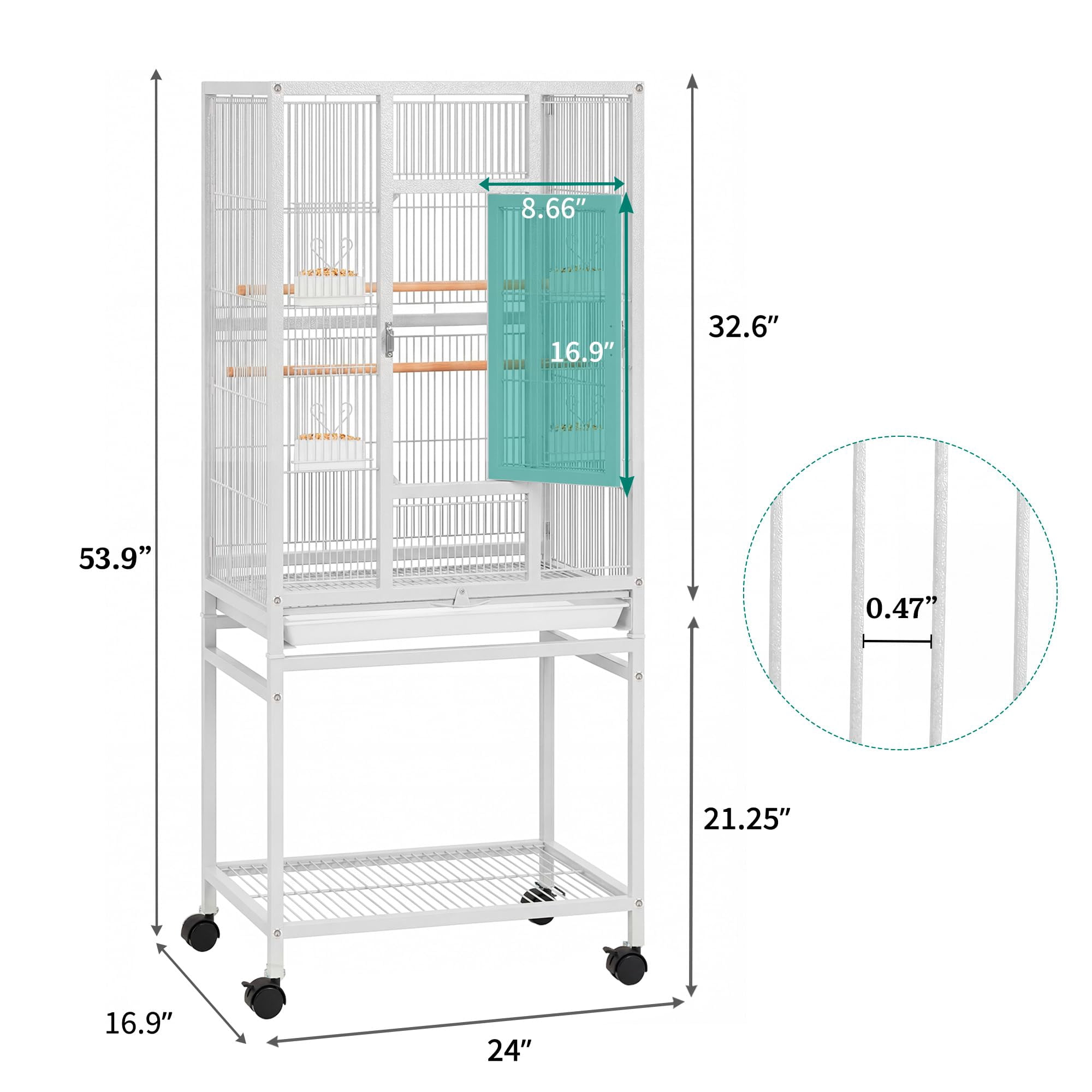 Rolling Large Bird Cage with Brake Wheels, 53.9 Inch Metal Parrot Cage Complete with Seed Catcher Skirt and Birdcage Cover, Multi‑Perch Aviary Habitat for Small‑Medium Parrots, Pigeons and Pet Finche