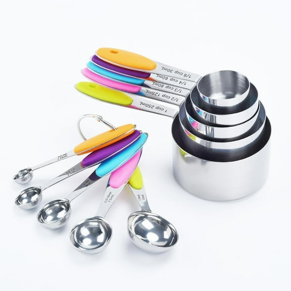 Measuring Cups and Spoons Set, Set of 10 Stainless Steel Measuring Cups and Spoons, with Silicone Handles, Stackable, Easy to Store for Kitchen, Cooking, Baking (Colorful)