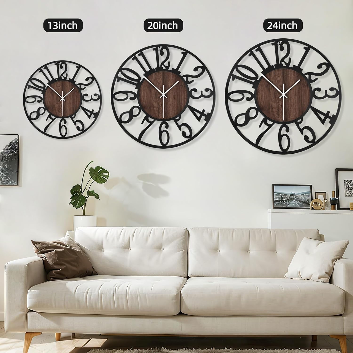 Large Round Wall Clock for Living Room Decor Battery Operated Non Ticking Black Metal Wood Clocks for Home Living Room Garden Farmhouse Office Kitchen Decoration -24 inch