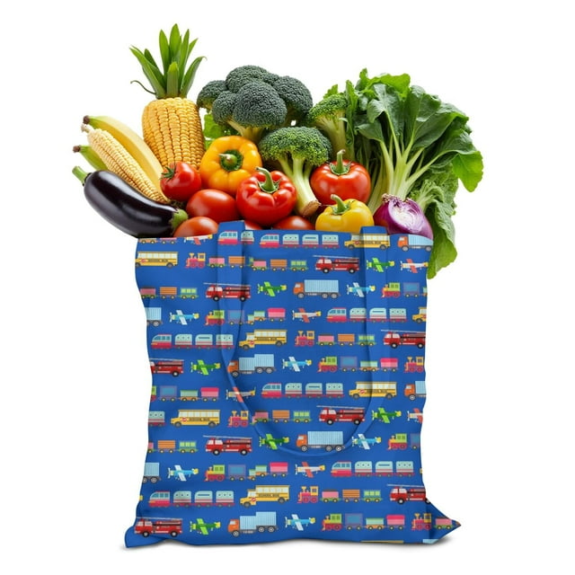 Reusable Foldable Shopping Tote Bag with Cartoon Car Print - Large Capacity Eco-Friendly Grocery Bag