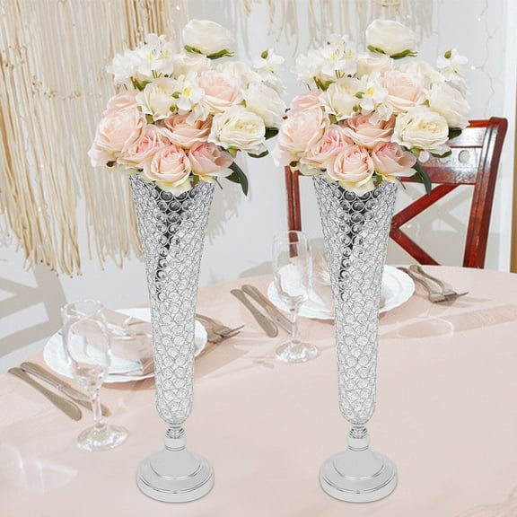 2 Pcs Crystal Trumpet Modern Crystal Vase Flower Stand for Wedding Decor, Silver 21" H