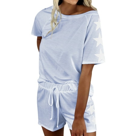 

HUBERY Women Crew Neck Raglan Short Sleeve Star Printed Drawstring Sleepwear Set