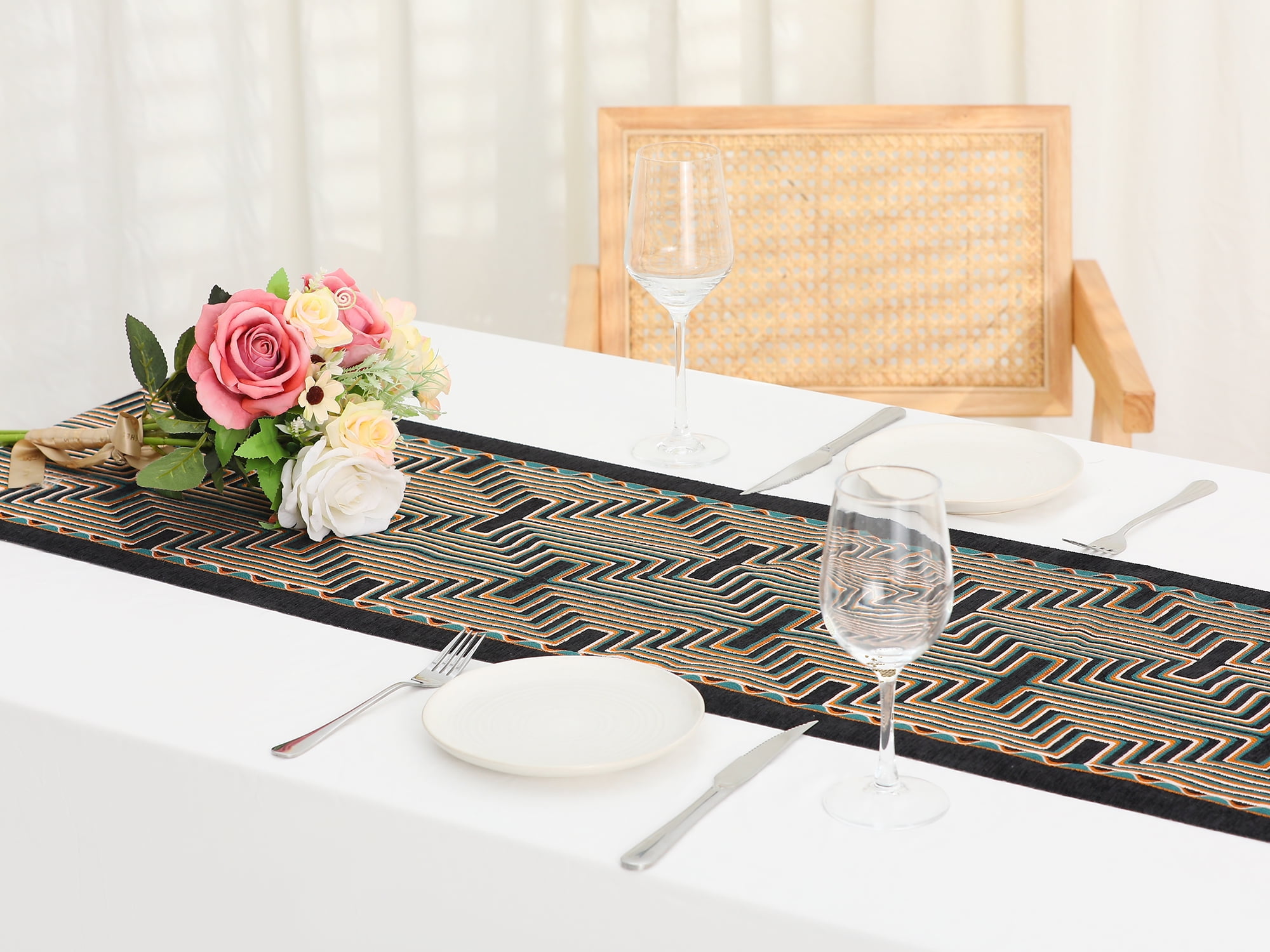 Unique Bargains Table Runner with Tassel Embroidery Table Flags Black 13"x71"