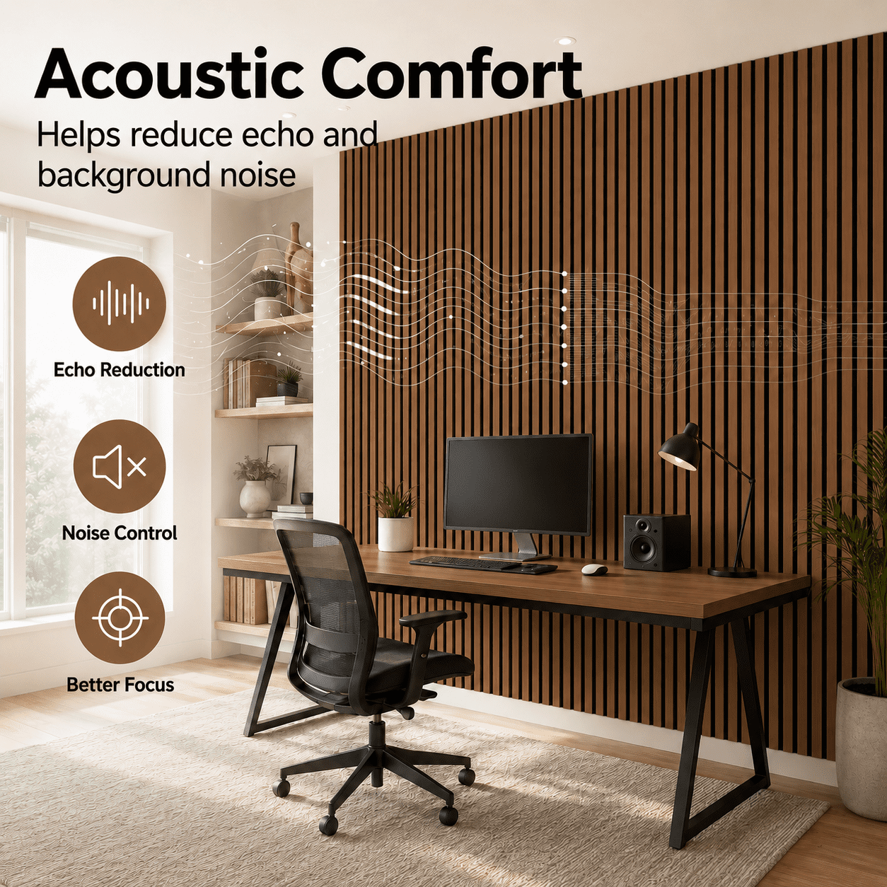 Yeslife 4-Pack Wood Slat Acoustic Wall Panels, 12 in. x 93 in., Walnut MDF, Sound Absorbing, Interior Accent Wall, 31 sq. ft.