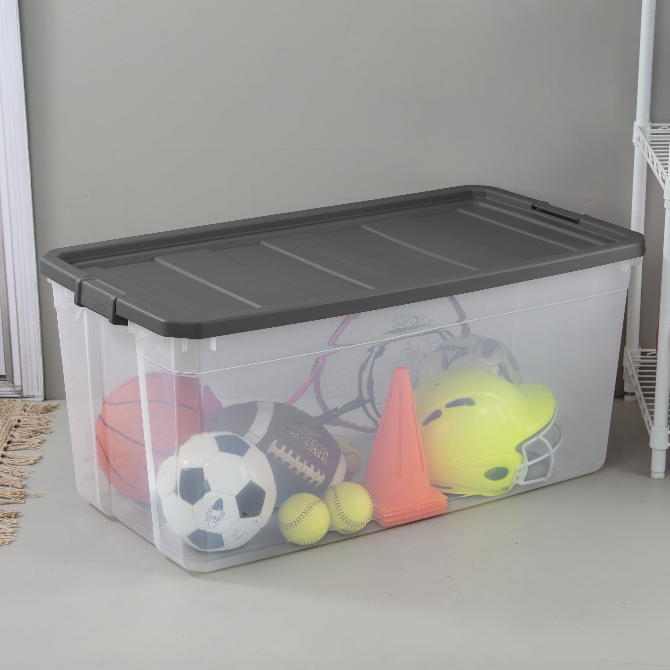 Sterilite Extra Large Storage Bin, 200 Quart Clear Plastic Storage Container with Latch Lid, Dark Gray, Pack of 3