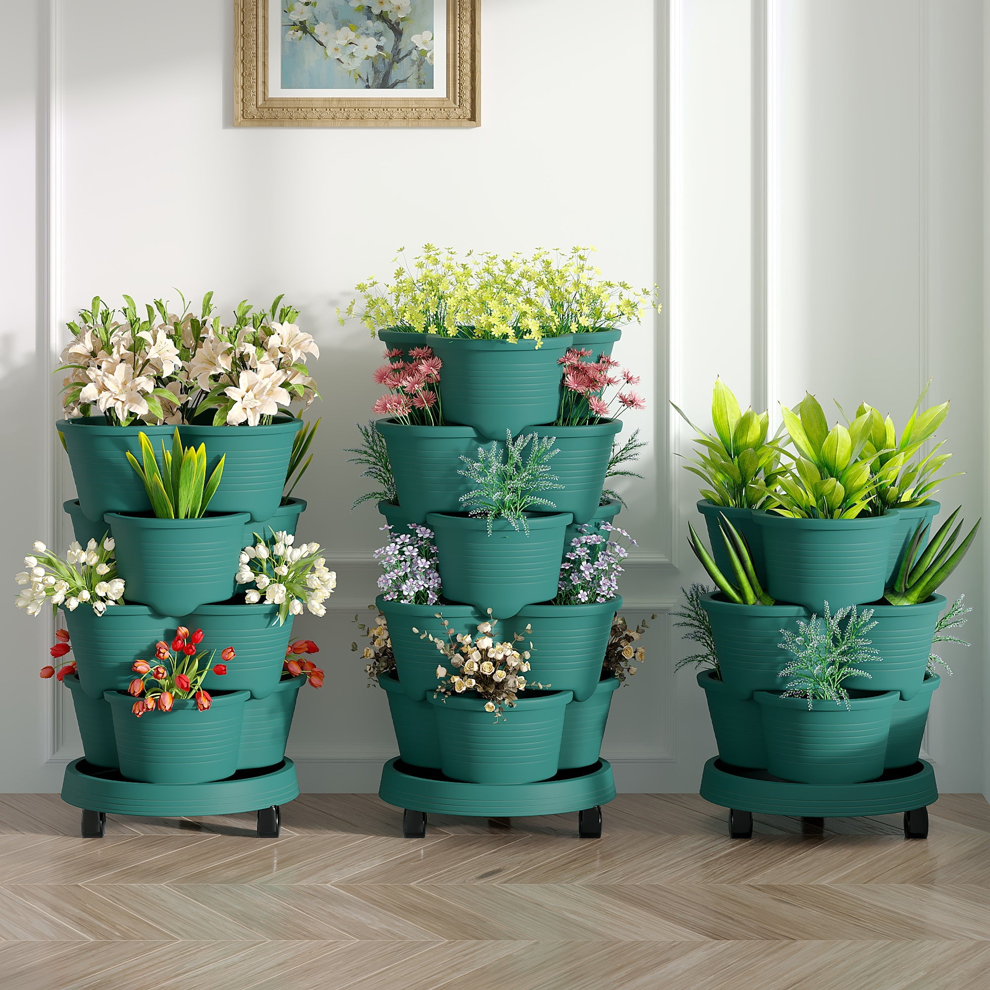 VECELO Stackable Planters 5 Tier Vertical Gardening Planter, Stackable Garden Tower Indoor Outdoor Pot For Strawberries, Flowers, Herbs, Vegetables With Removable Wheels, Dark Green