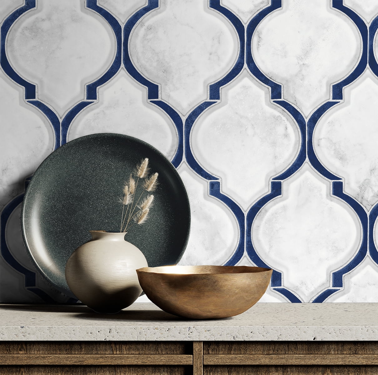 NextWall  Marbled Ogee Peel and Stick Wallpaper Royal Blue & Carrara