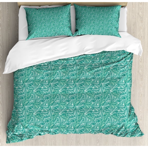 Exotic Duvet Cover Set, Abstract Jungle Leaves Monstera Rainforest Plants Hipster Hawaiian Nature, Decorative 3 Piece Bedding Set with 2 Pillow Shams, Calking Size, Teal Mint Green White, by Ambesonne
