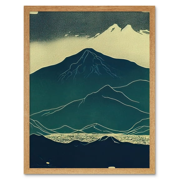 Scottish Highlands Lake Mountains Blue Linocut Art Print Framed Poster Wall Decor 12x16 inch