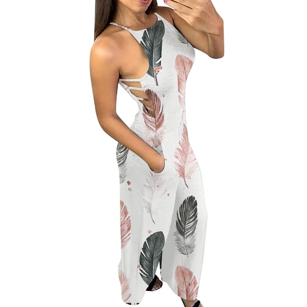 Gibobby pantalones deportivos Mono largo de estilo playero suelto con estampado hueco lateral y tirantes informales para mujer(Rosa, S)