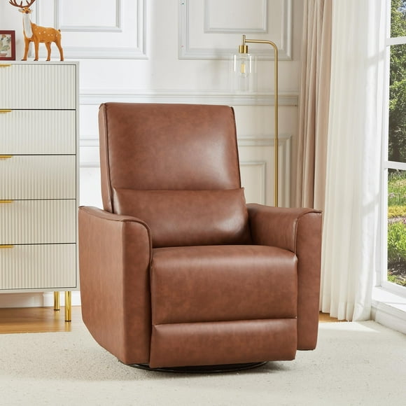 TROPOW Fauteuil Pivotant à 360°, Chaise Berçante pour Chambre de Bébé, Fauteuil Berçant Inclinable à Glissière, Fauteuil en Cuir PU avec Dossier Haut, Assise Profonde pour Chambre de Bébé, Salon, Chambre, Brun
